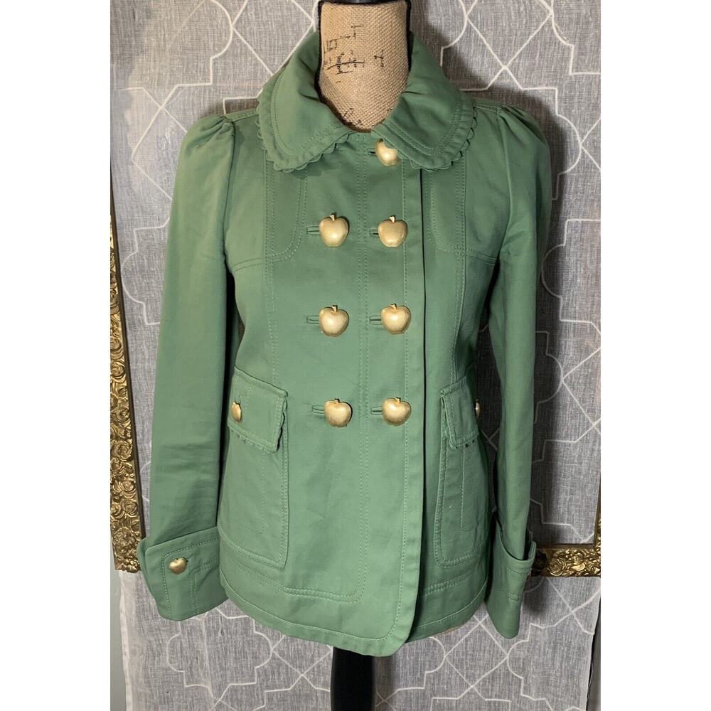 90’s Y2K VTG Juicy Couture Green Pea Coat Jacket Brass Apple Buttons RARE Sz P S